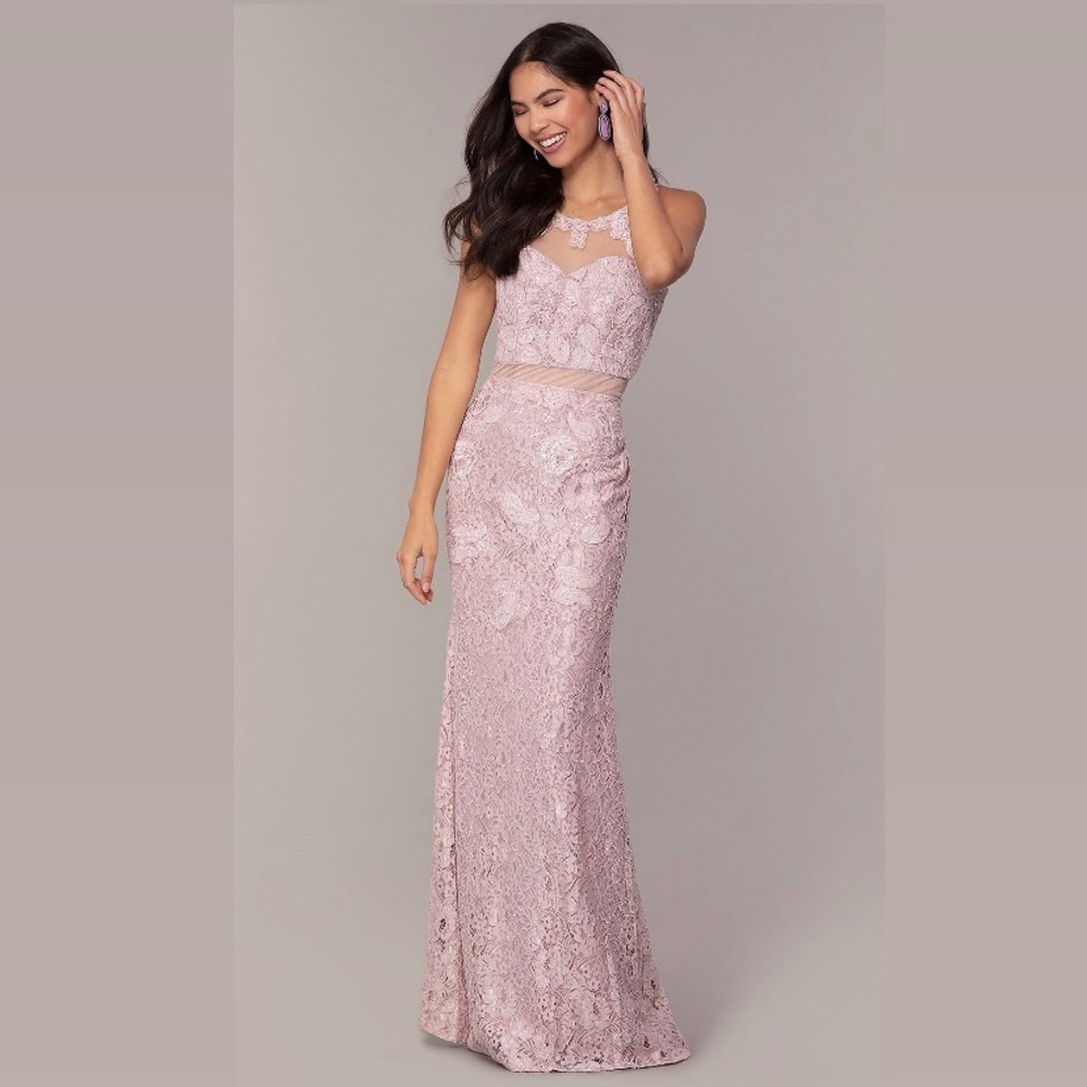 ‼️Long Lace Mauve Pink Illusion Prom Dress by PromGirl‼️